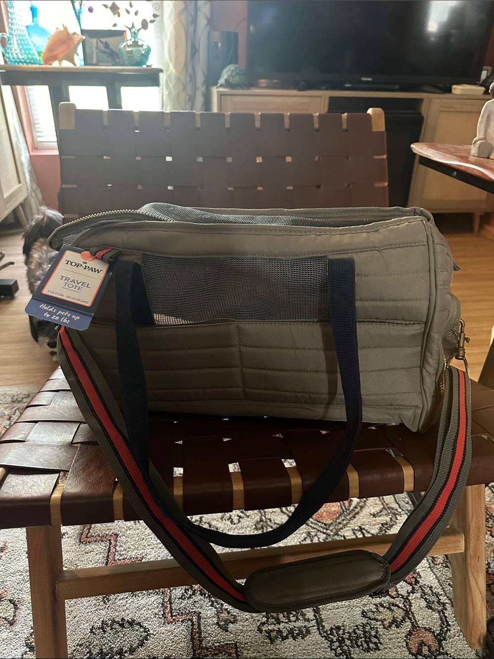 Top Paw Gray Pet Travel Tote with Navy Handles and Red-Trim Strap